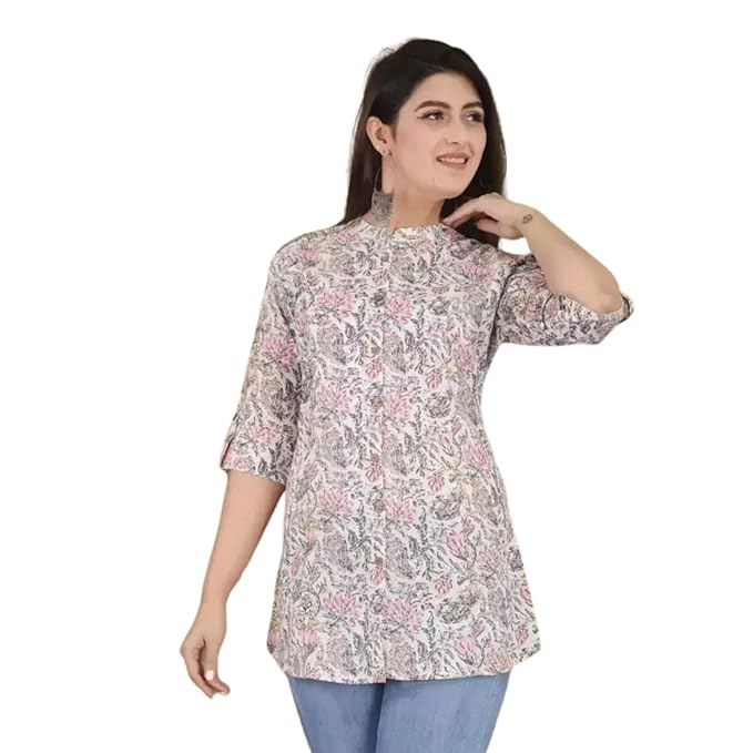 Women’s 3/4 Sleeves Mandarin Collar Rayon Printed Short Kurti Kurta