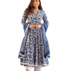 Women's Cotton Printed Anarkali Kurta with Palazzo & Dupatta Set