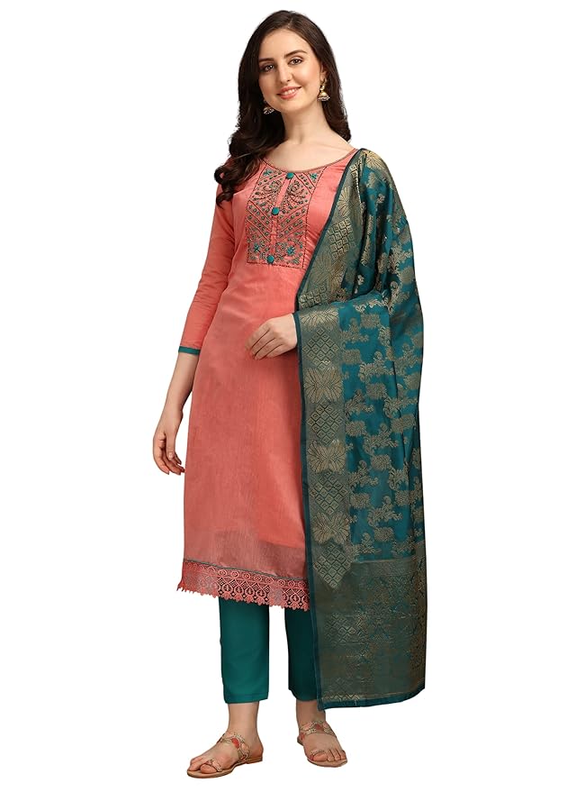 Women’s Chanderi Cotton Hand Embroidered Work Unstitched Salwar Suit Material With Banarasi Dupatta