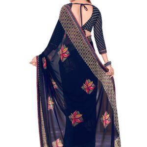 women’s leaf print navy blue colored saree with blouse