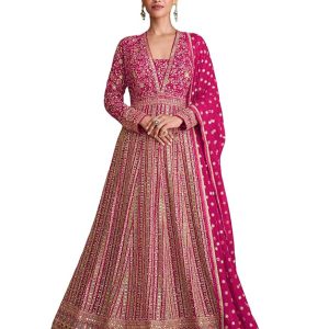 Miss Ethnik Women's Pink Chinon Stitched Gown with Dupatta Full Sleeve Embroidered Anarkali Gown (ME-1275)